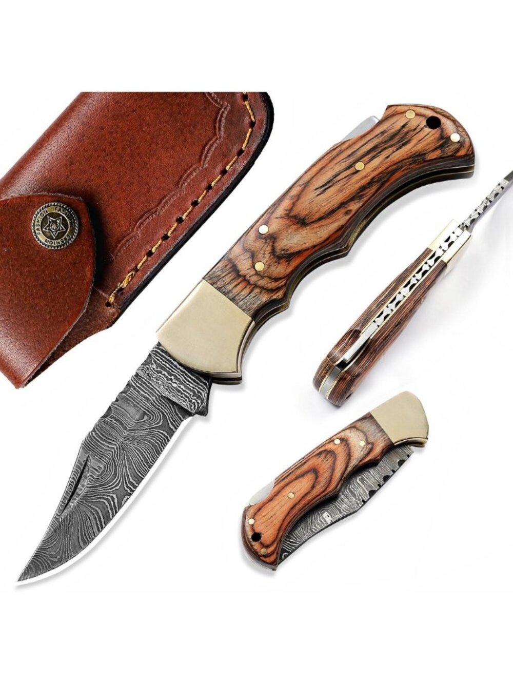 Handmade 6.5" Damascus Folding Pocket Knife with Sheath, Wooden Handle, EDC